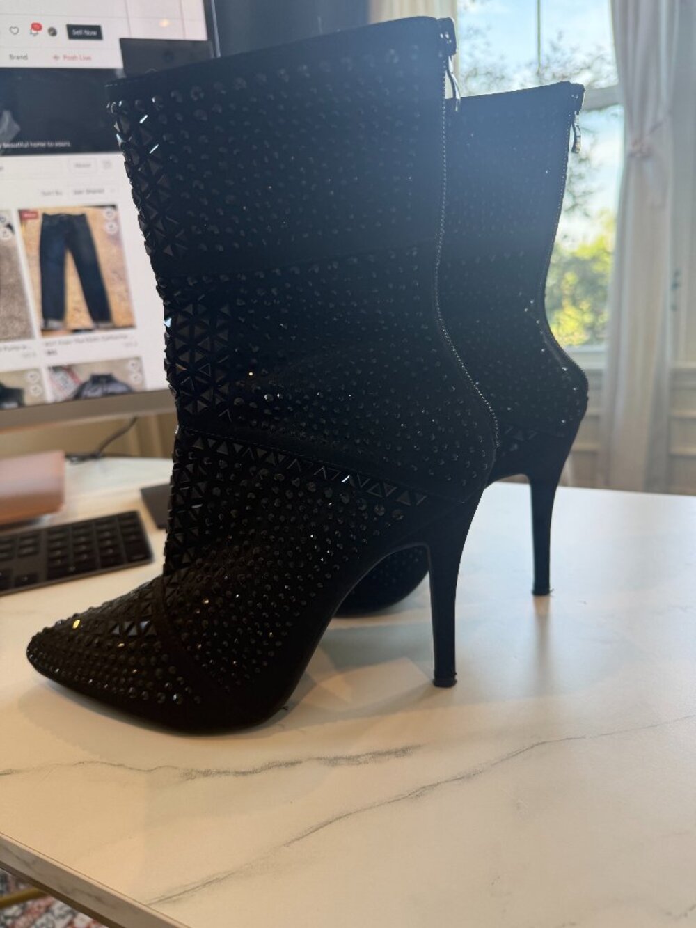 High Heel Sparkly Black Boots with Zipper